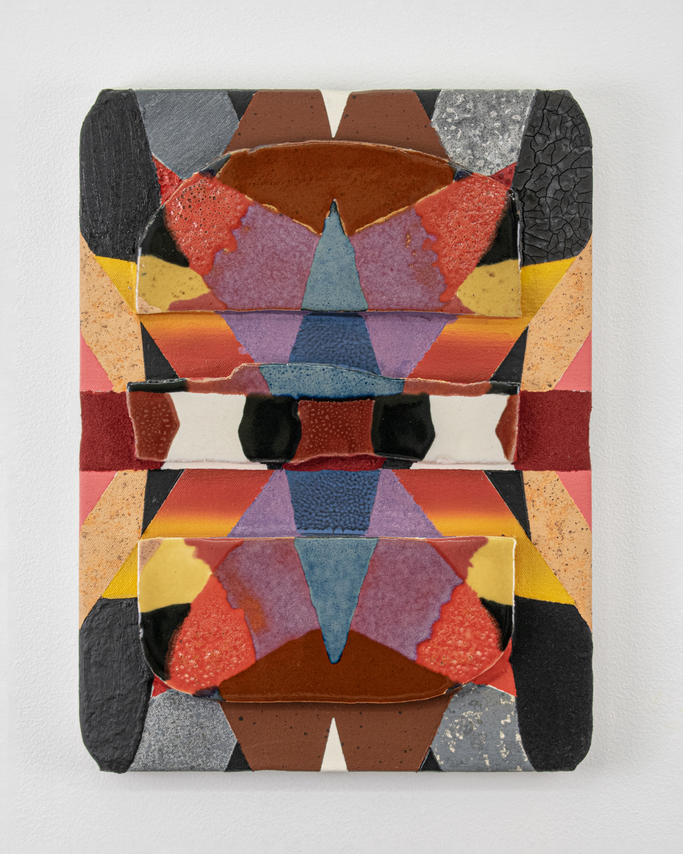 Kevin Uma&ntilde;a, Razzmatazz Blended, 2025. Acrylic, oil, flock, ink, marble dust, salt, ceramics on canvas, 16 x 12 x 1 3/4 inches.