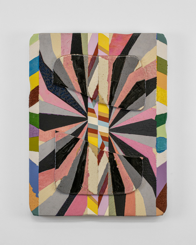 Kevin Uma&ntilde;a, Sundial Tracking the Daze Process of the Sky, 2025. Acrylic, oil, flock, ink, sand, marble dust, salt, resin, ceramics on canvas, 24 x 18 x 2 3/4 inches.