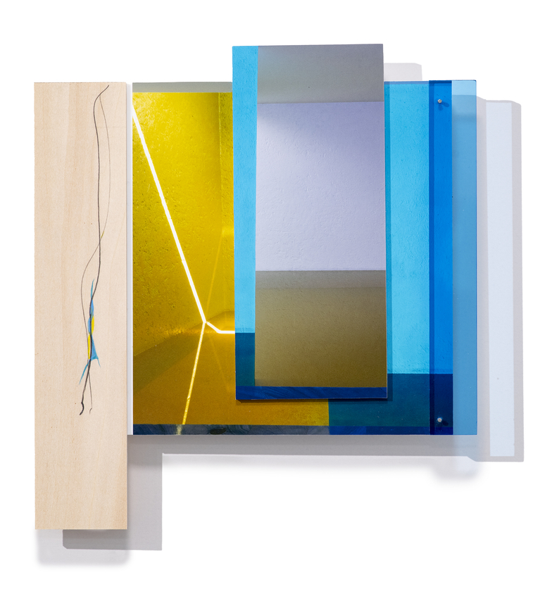 Sandi Haber Fifield, OW24_462, 2024. Archival pigment prints with plexiglass, wood, graphite and wax pastels, 10 1/2 x 9 1/2 x 1 inches.