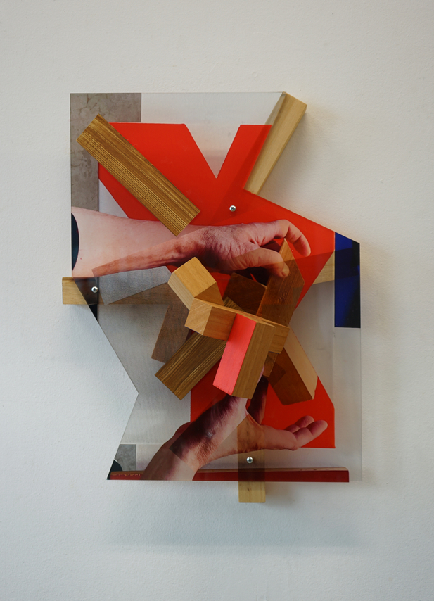 Pello Irazu, Structures of Feeling 1, 2025. Reverse-printed acrylic, wood, adhesive fabric, paper, acrylic paint, 22 7/8 x 16 3/4 x 6 inches.