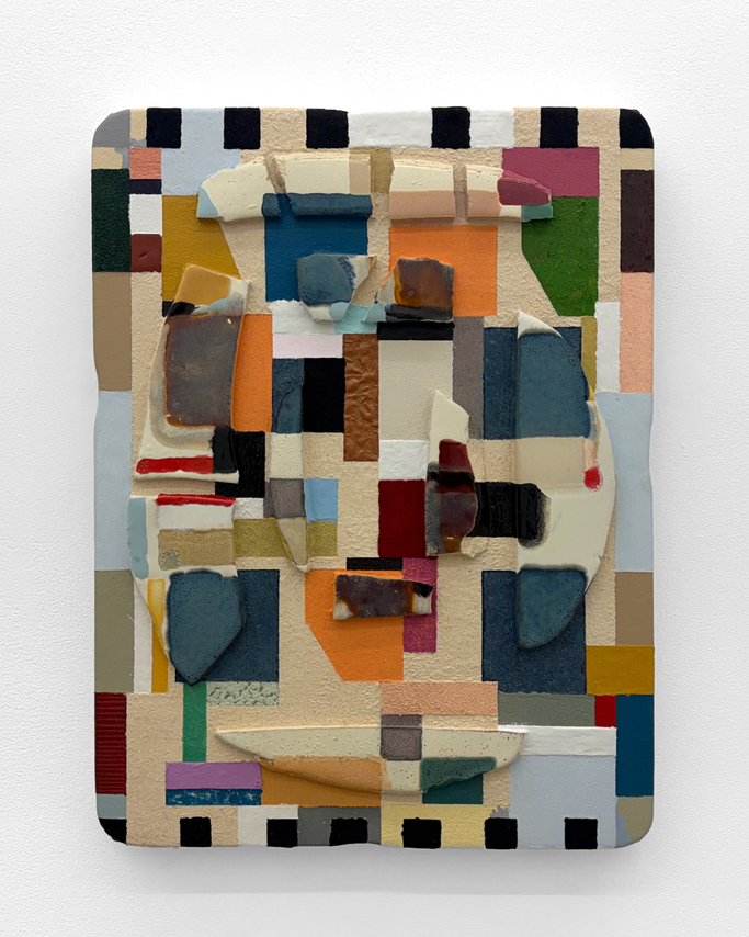 Kevin Uma&ntilde;a,&nbsp;Revisiting the Roman Walls, 2026. Acrylic, oil, flock, ink, sand, marble dust, salt, resin, ceramics on canvas, 24 x 18 x 2 3/4 inches.