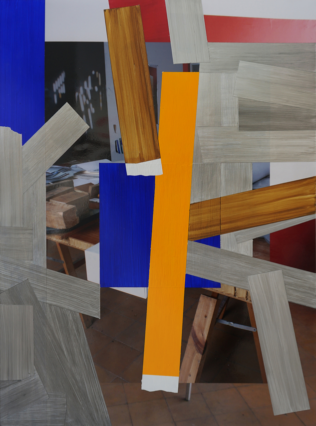 Pello Irazu, Demolition Strategies 3, 2025. Acrylic paint on photograph, 25 1/2 x 17 3/4 inches.