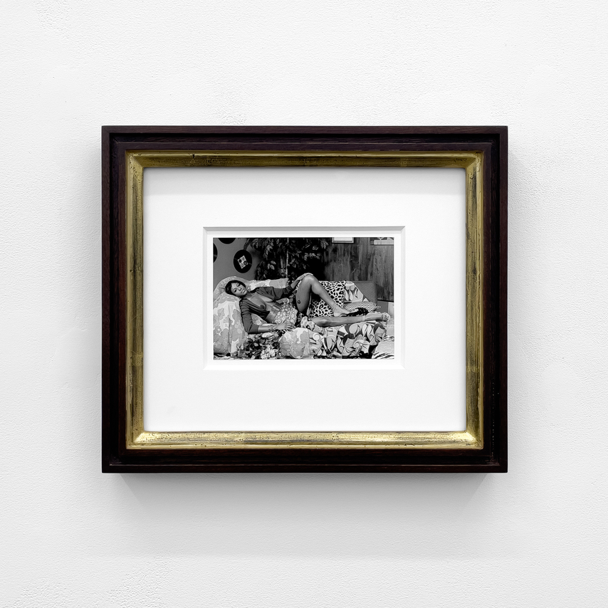 Mickalene Thomas, Tamika Sur Une Chaise Longue in Black and White, 2023. Archival pigment print, 11 x 13 inches.