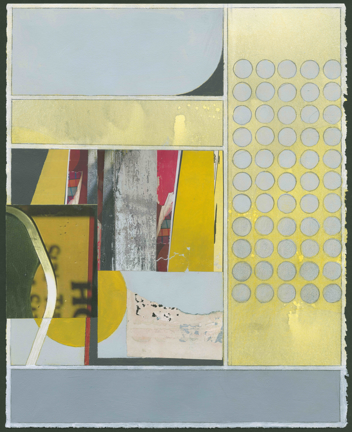 Mary Lum, 55 Holes, 2026. Acrylic, photo, collage on paper, 16 5/8 x 14 inches.