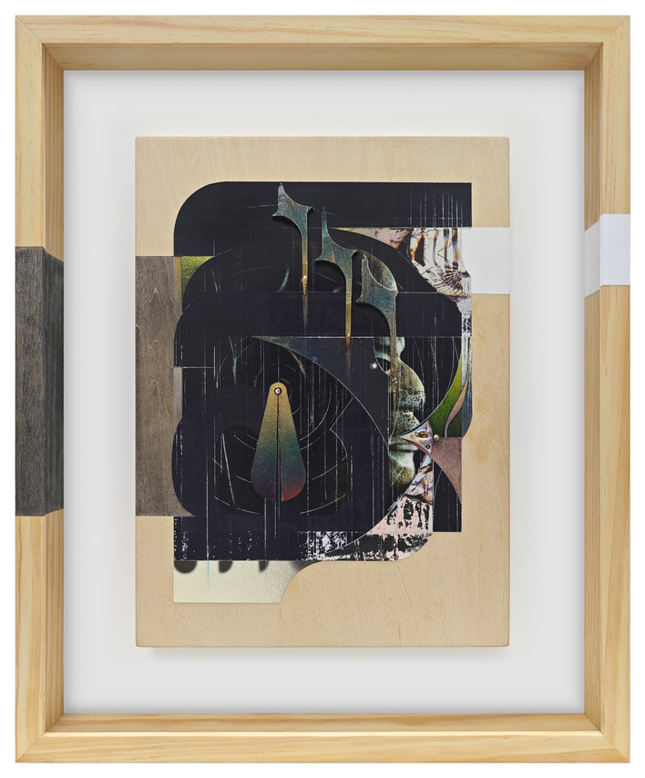 Omar Barquet, lla (from the Syllables series), 2024. Mixed media collage comprised of lacquer oil paint, ink, color pencil, fragments of wood, cardboard, canvas, seashells, nacre shell, pins on printed paper, custom artist frame, 17 x 14 1/4 inches.