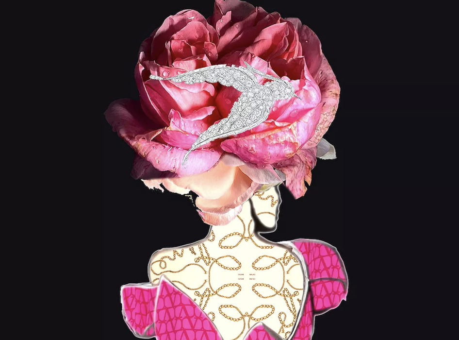 Collage and mixed media artwork of a seated Black woman looking over her proper left shoulder, with long dark hair, draped in fabric composed of jewels and appropriated red images with lips.