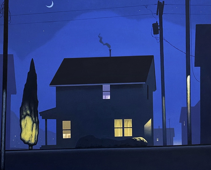 Three houses in an Icelandic snow covered landscape with the moon above.