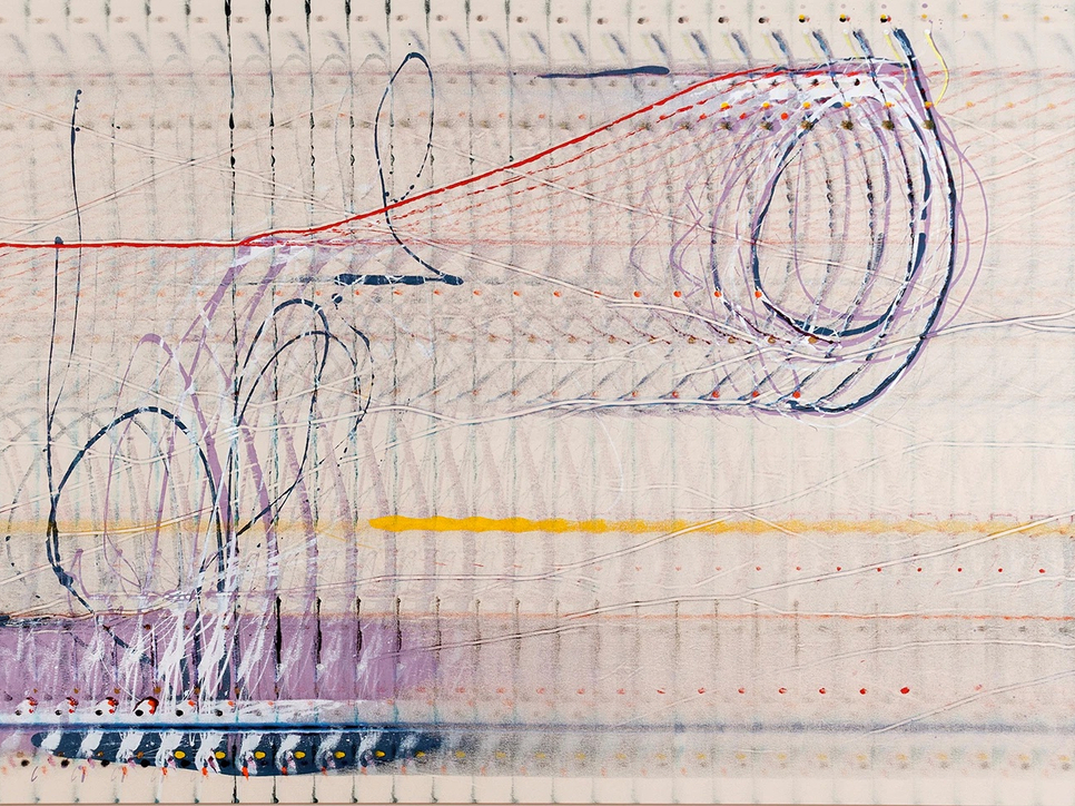 Abstract painting with a pattern of lines created by a roller tool