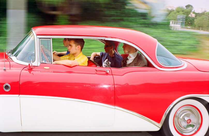 Andrew Bush, Beverly Hills high school students (?) cruising west at 38 mph along Sunset Boulevard on a weekend in February 1997