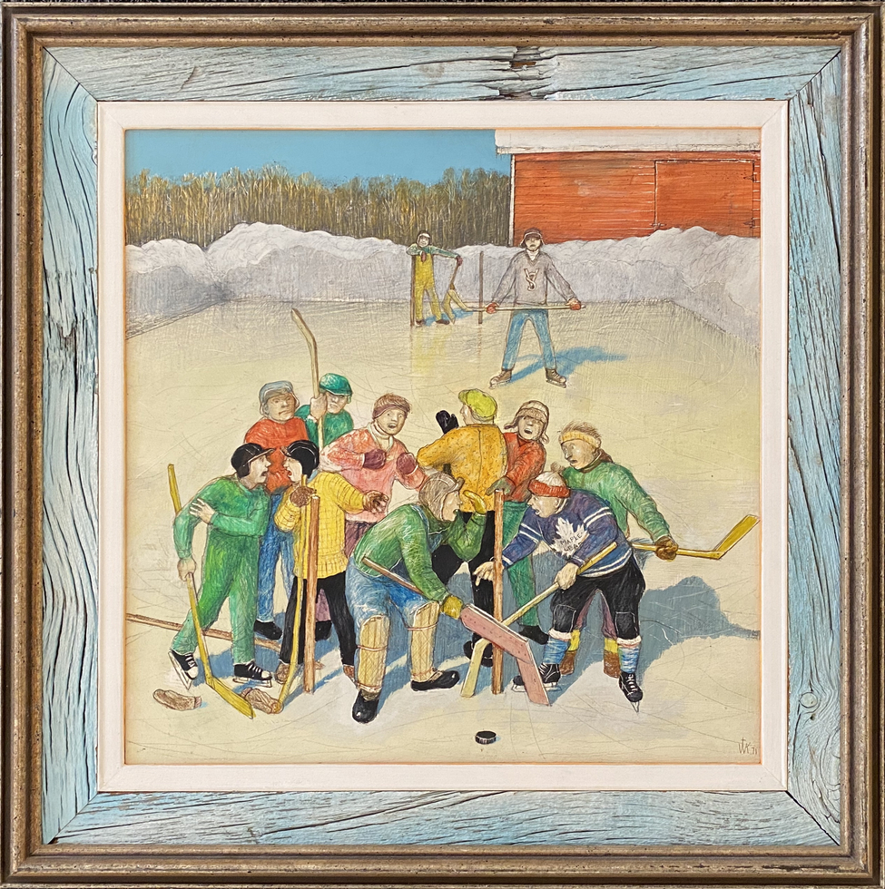 William Kurelek From "A Prairie Boy's Winter" series "Hockey Hassles", 1971 Mixed media 14 x 14 in 35.6 x 35.6 cm