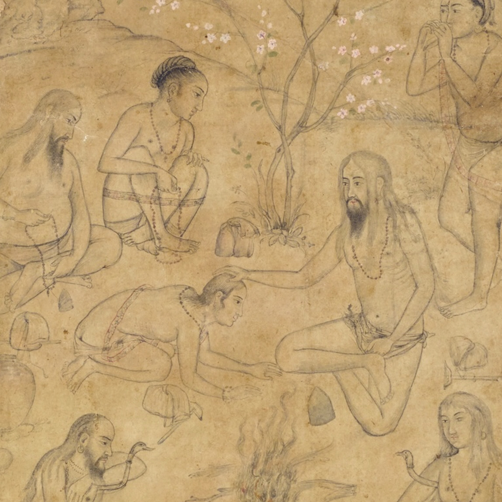 A group of yogis of varying ages is gathered round a fire.